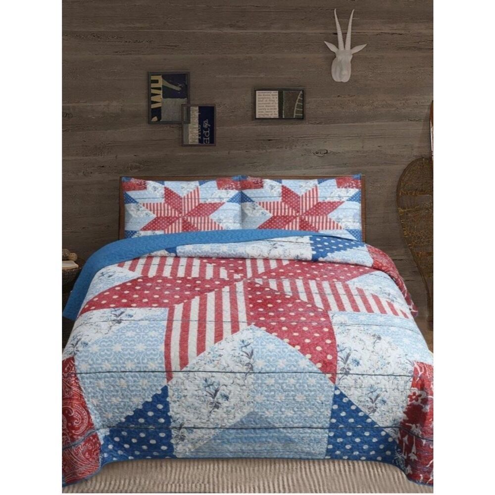 Americana Liberty Star Vintage Look King Quilt Set Patriotic Red White Blue